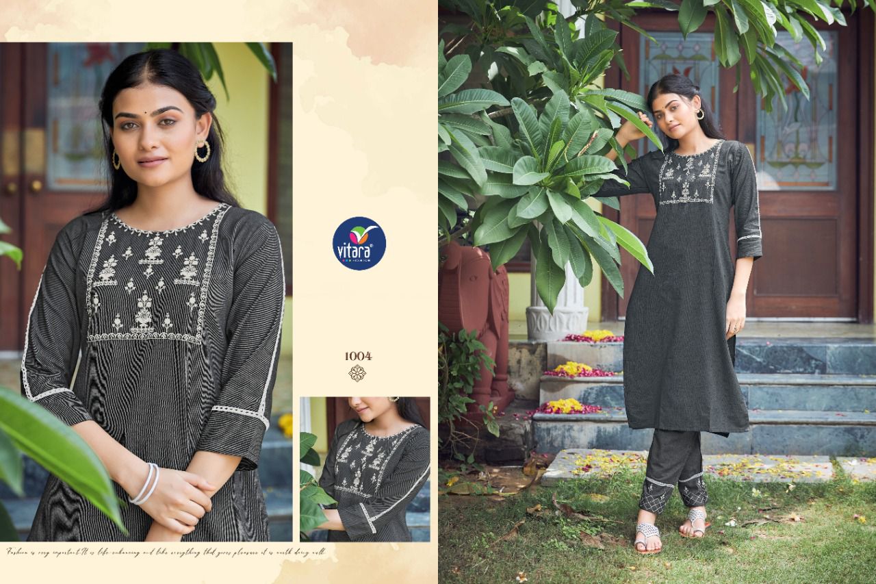 Vitara Signature New Fancy Wear Cotton Embroidery Kurti With Pant Collection
